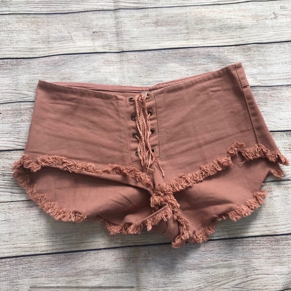 Indah Lace-Up Mini Shorts in Dusty Rose